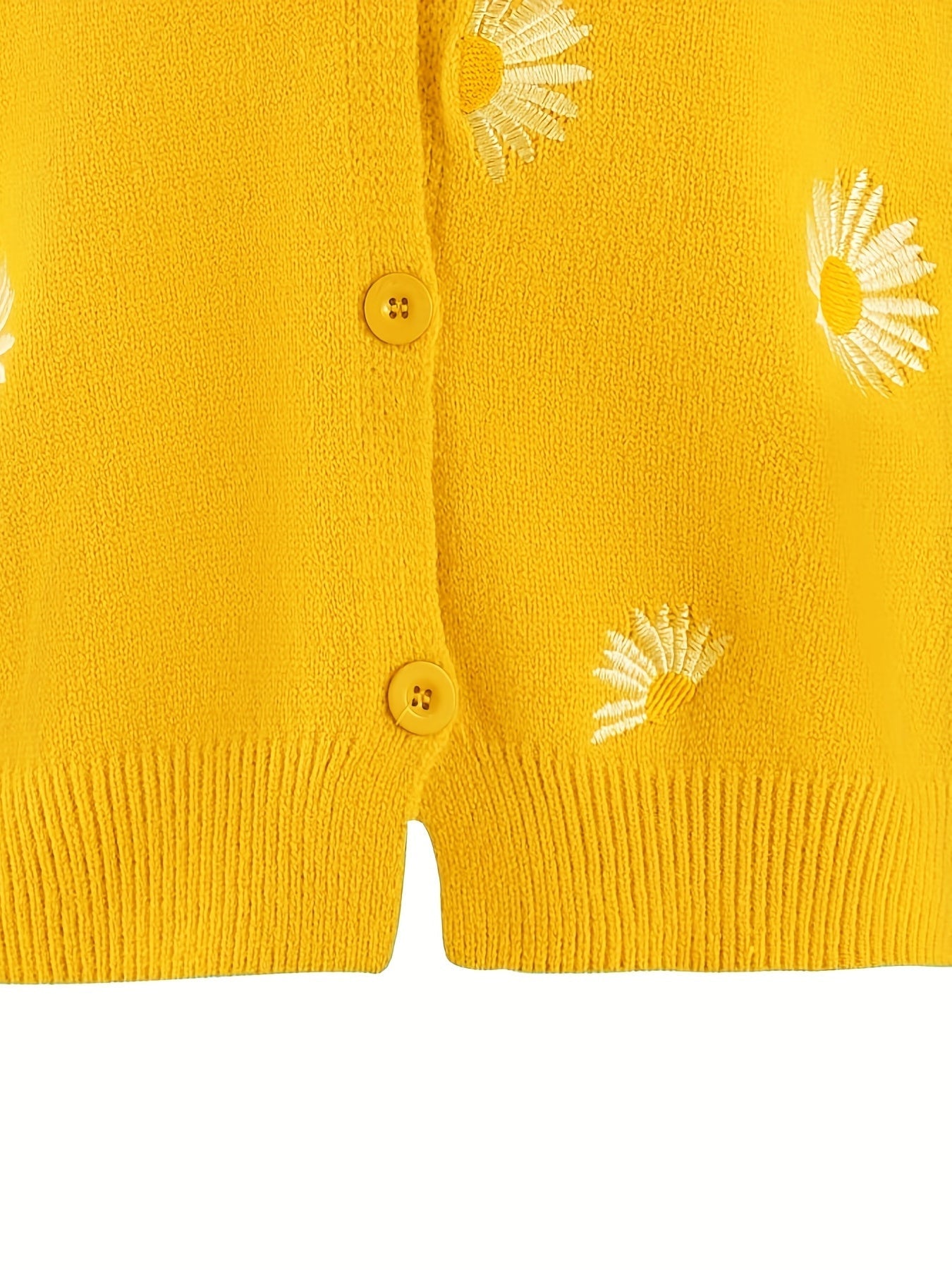 Daisy Pattern Embroidered Knitted Cardigan, Button Front Elegant Long Sleeve Sweater