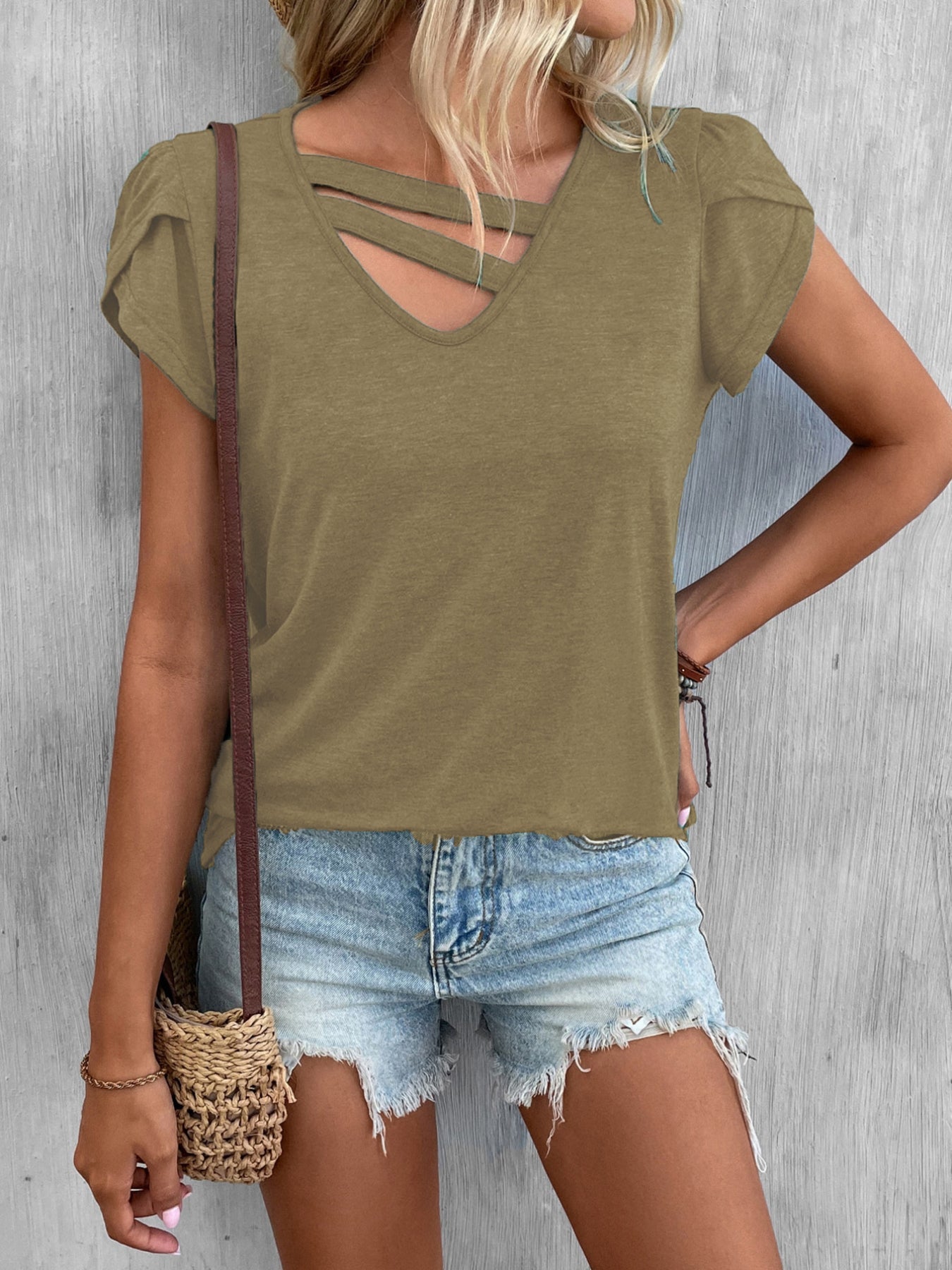 Petal Sleeve Loose T-Shirt, Short Sleeve Casual Top