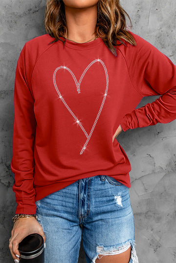 Fiery Red Rhinestone Heart Shaped Long Sleeve Sweatshirt