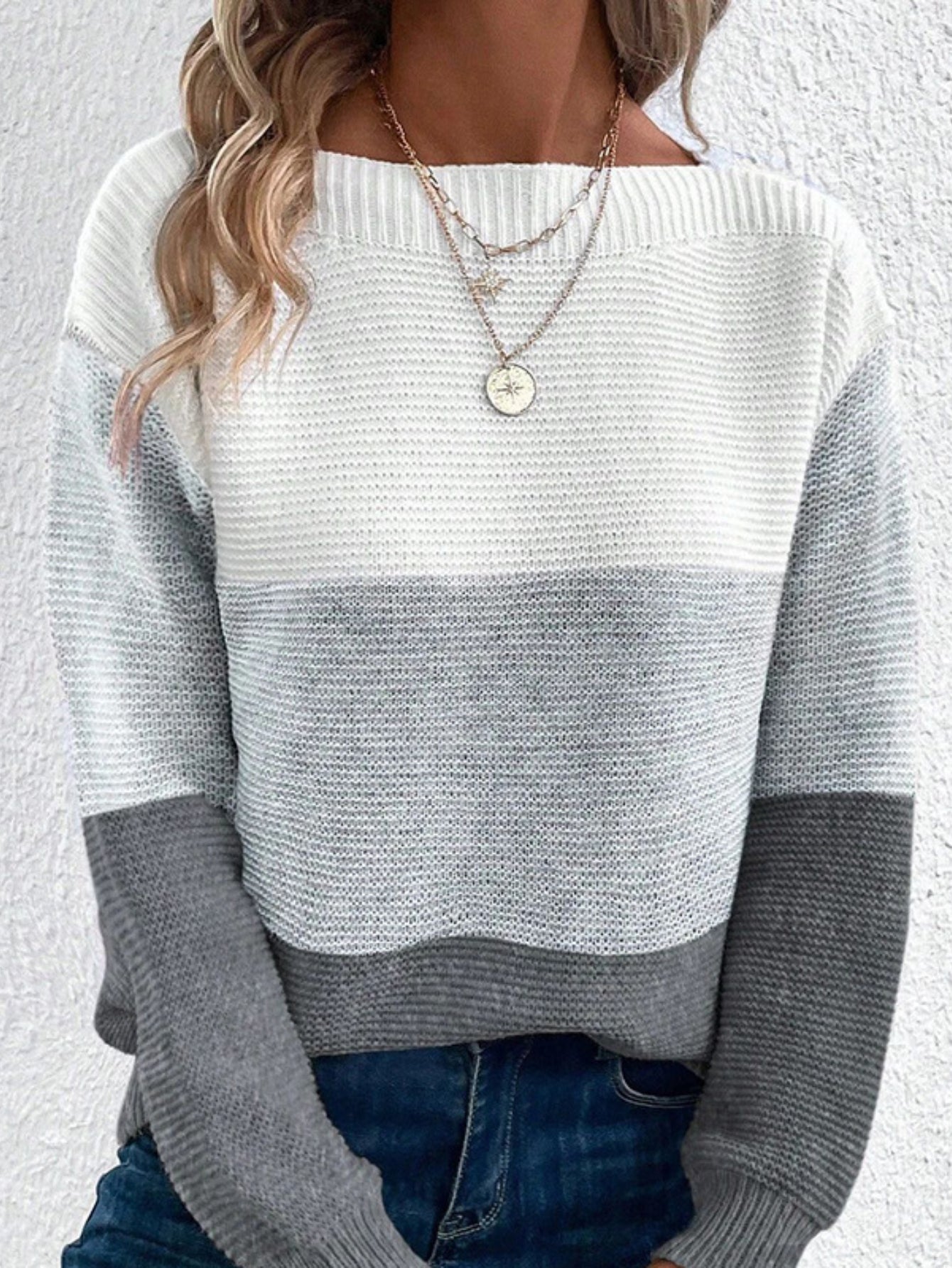 Long Sleeve Pullover Color Block Boat Neck Sweater