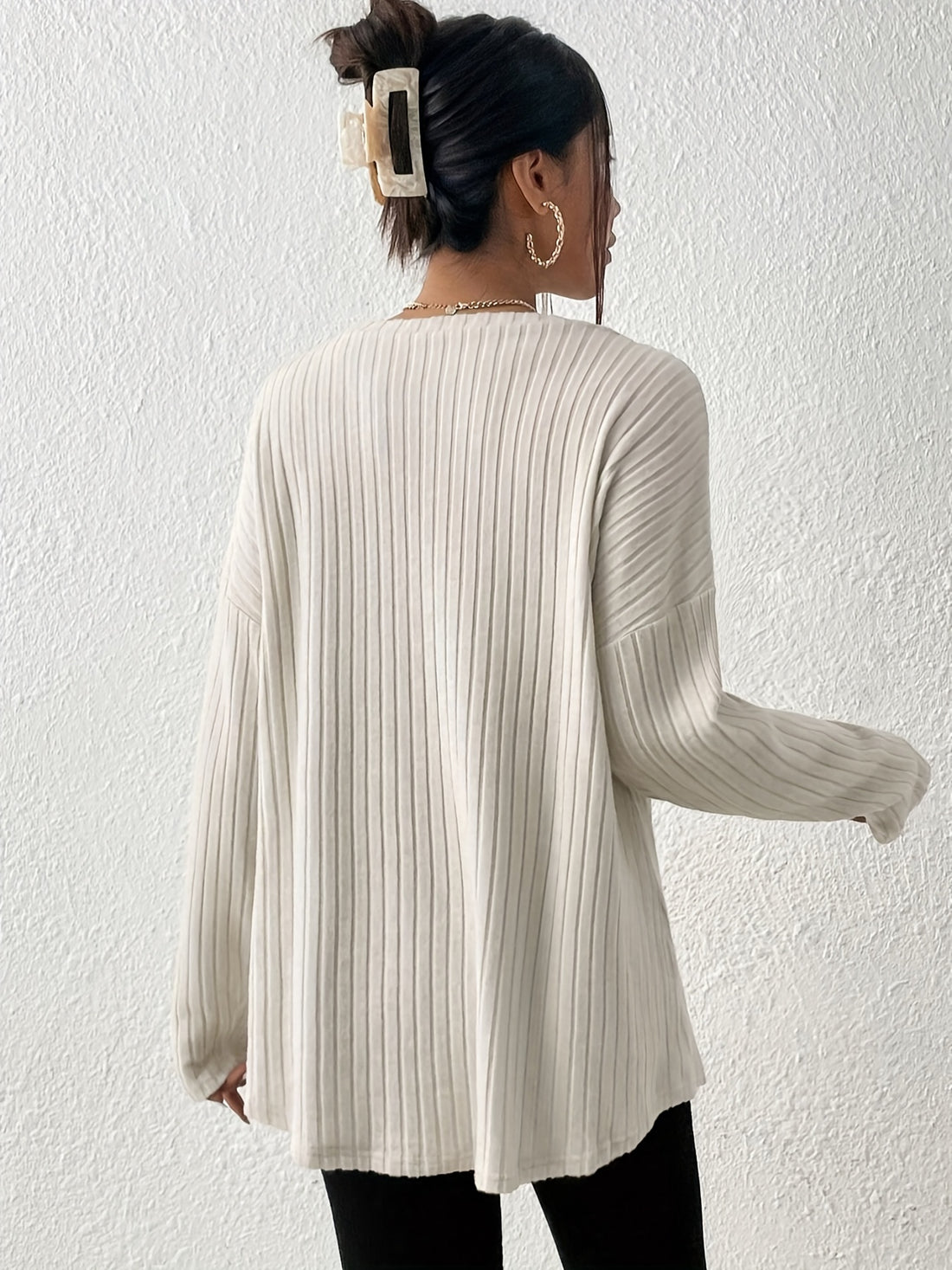 Ribbed Crew Neck T-Shirt, Casual Long Sleeve Top