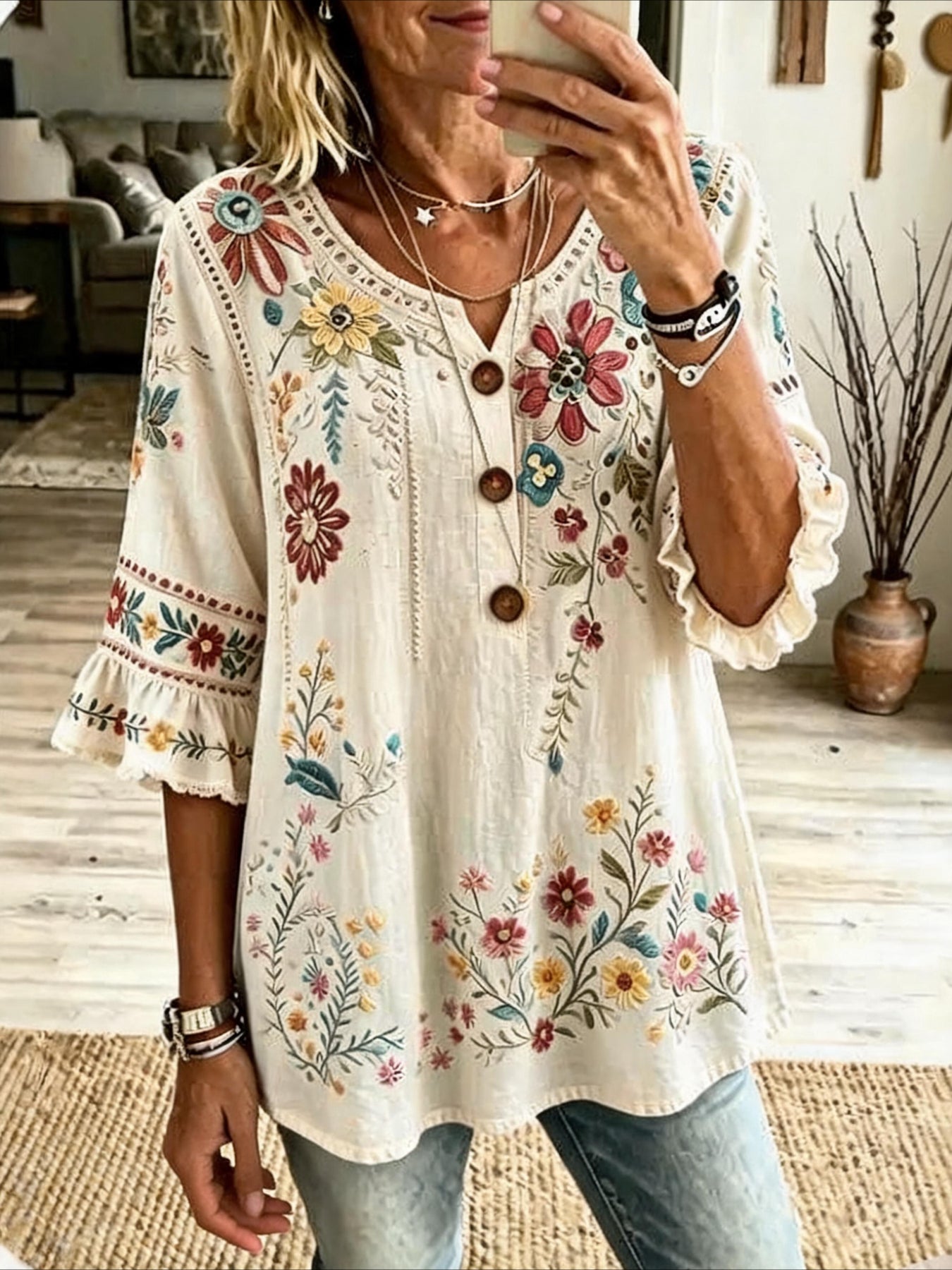 V Neck Button Short Ruffle Sleeve Casual Blouse