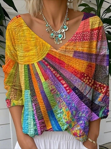 Floral Graphic Striped Stylish Casual 3/4 Length Sleeve V Neck Regular Tops