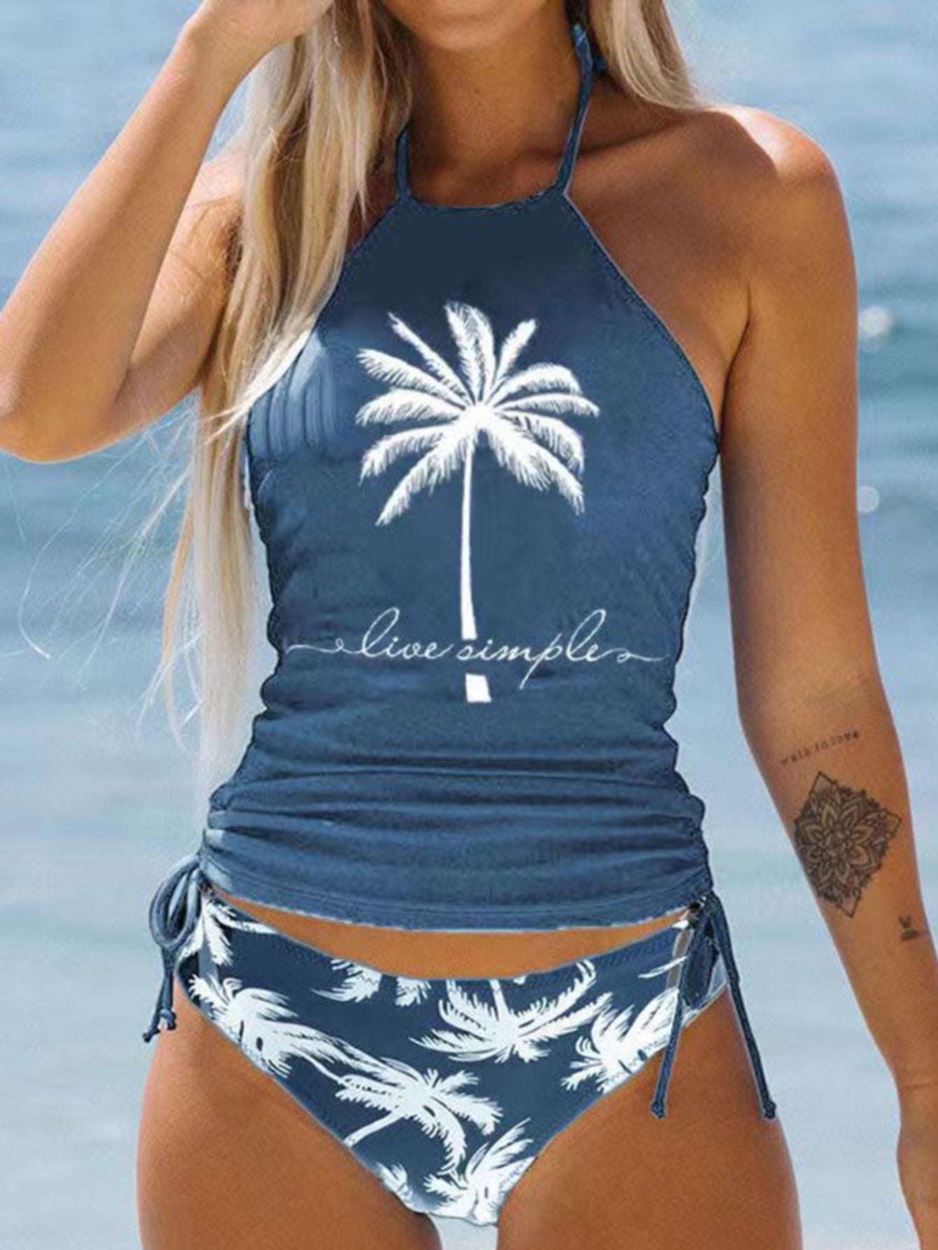 Coconut Tree Sunset Pattern Drawstring 2 Piece Set Swimsuit, Halter Tie Neck Backless Stretchy Low Waist Bathing Suit