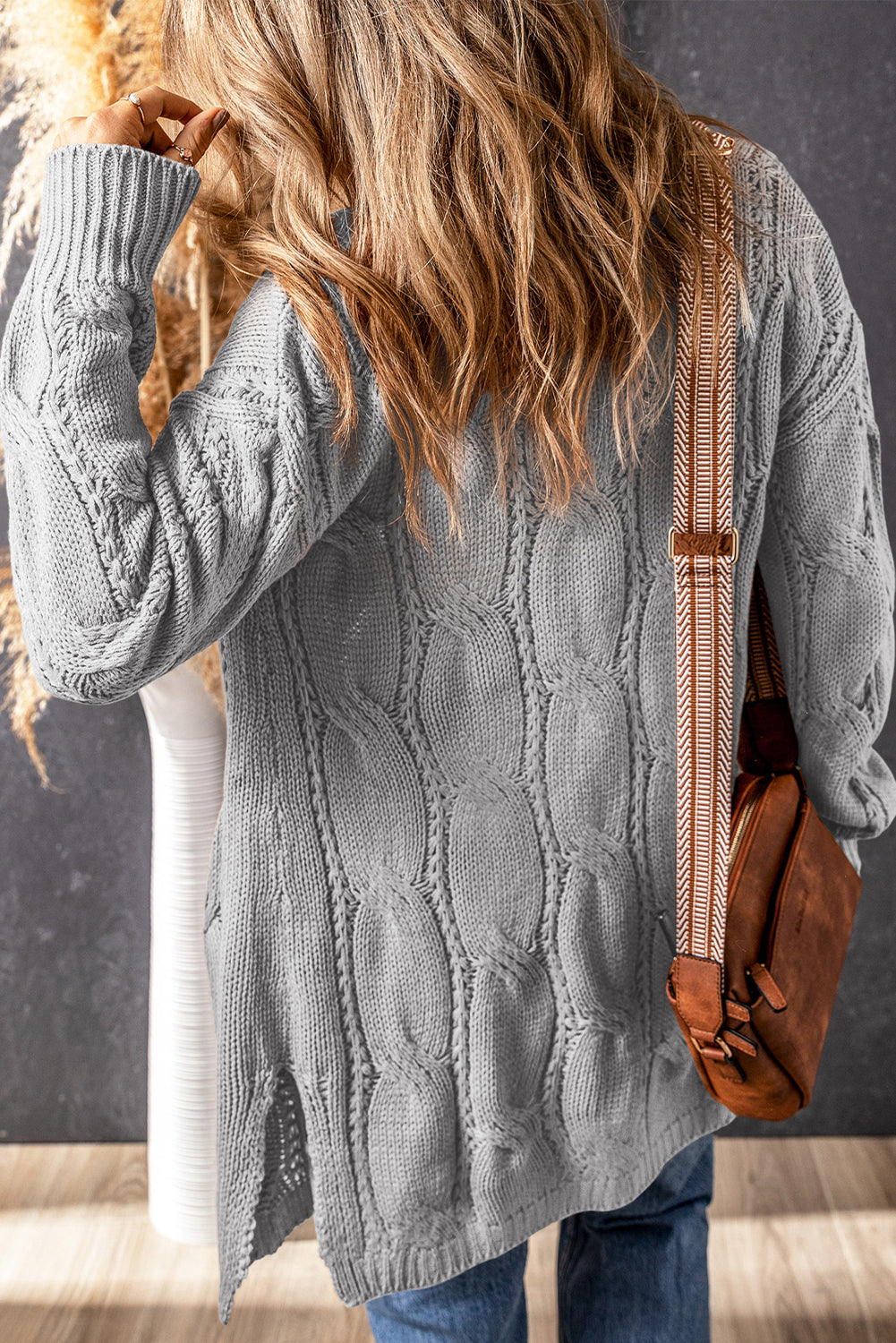 Gray Ribbed Trim Eyelet Cable Knit Cardigan