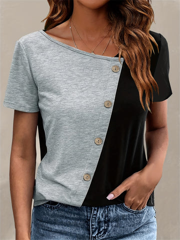 Color Block Asymmetrical Neck T-Shirt - Casual Short Sleeve Top