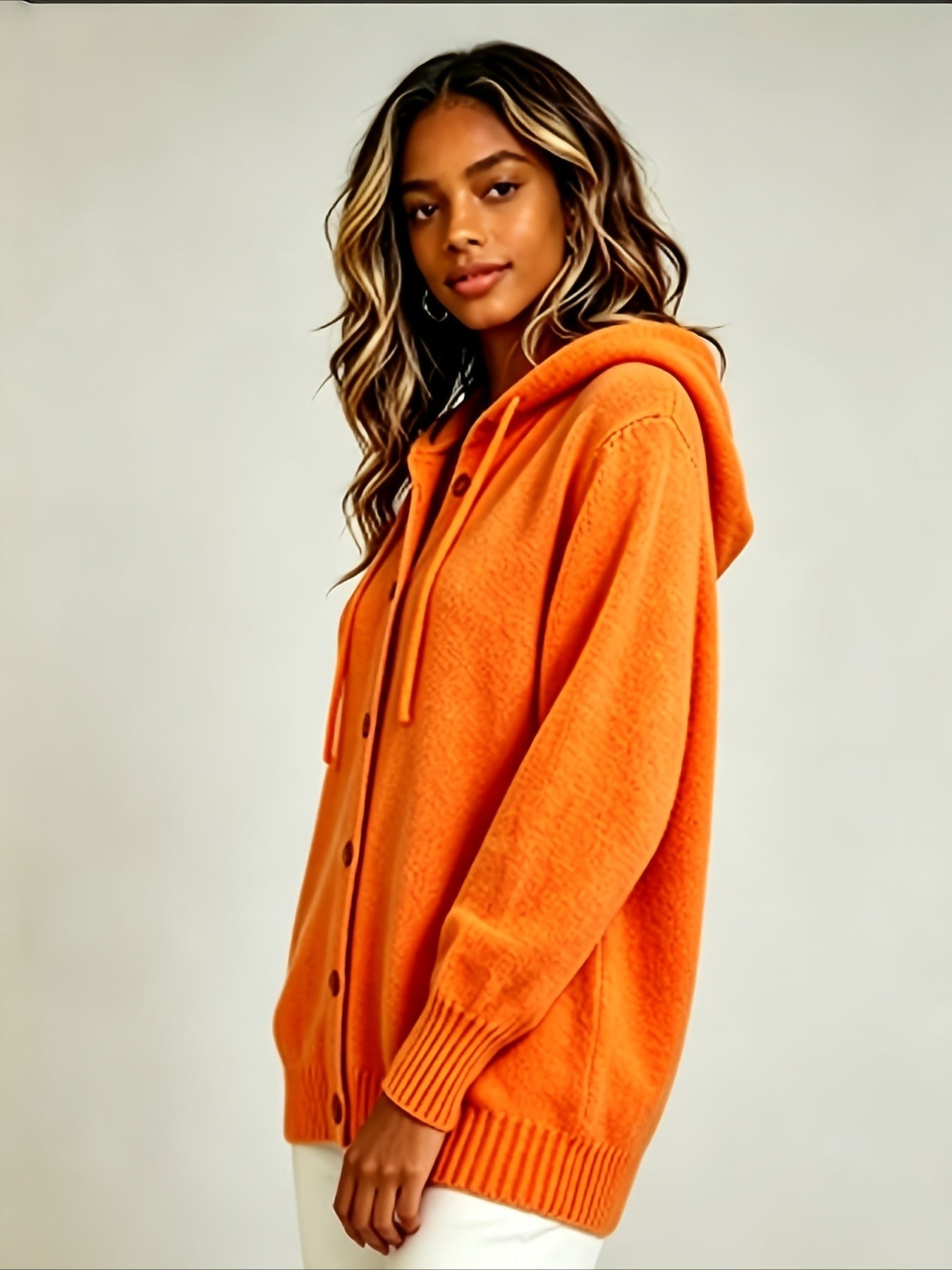 Solid Color Casual Hooded Cardigan Coat with Buttons