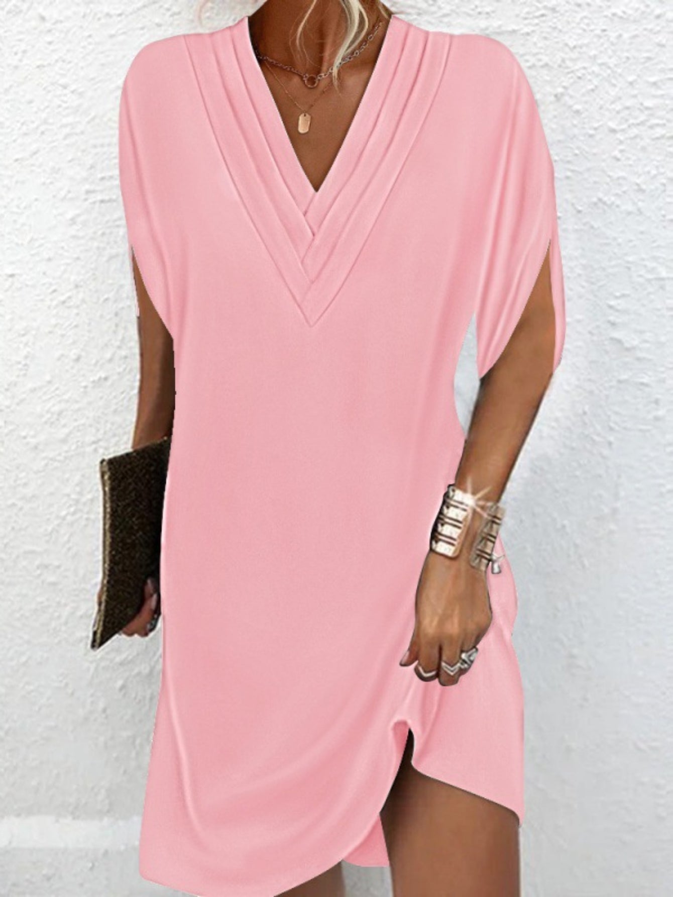 Tucked Solid Dress, Casual V Neck Short Sleeve Dress