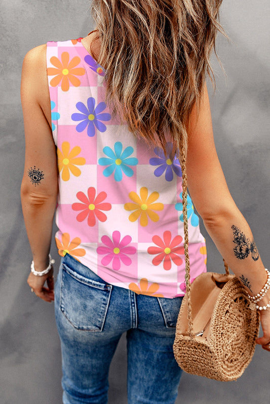 Pink Floral Print Round Neck Sleeveless Top