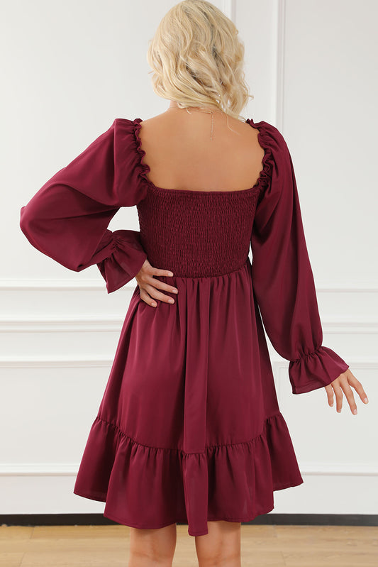 Burgundy Smocked Puff Sleeve Ruffle Mini Dress