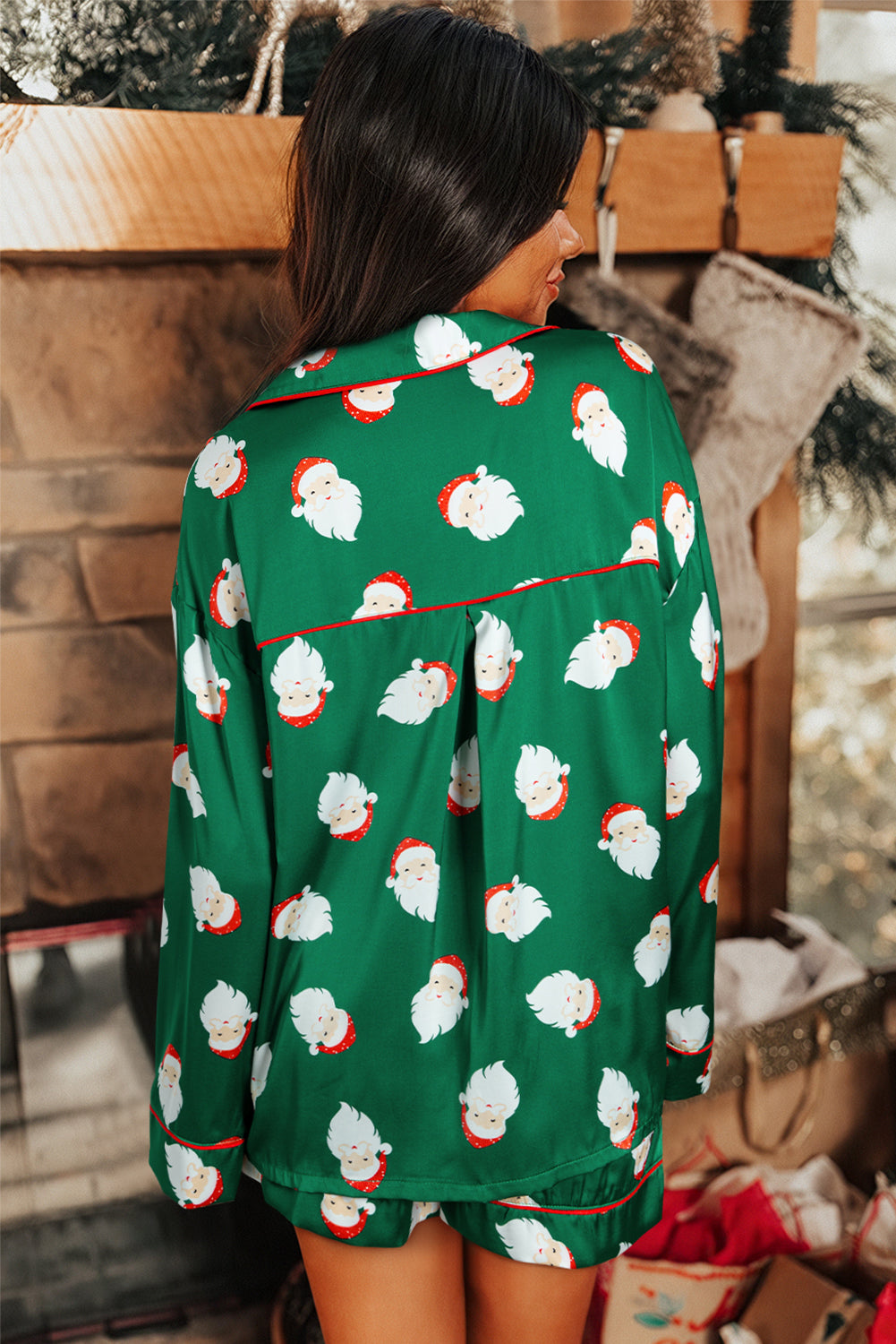 Green Christmas Santa Claus Print Satin Shirt and Shorts Pajama Set