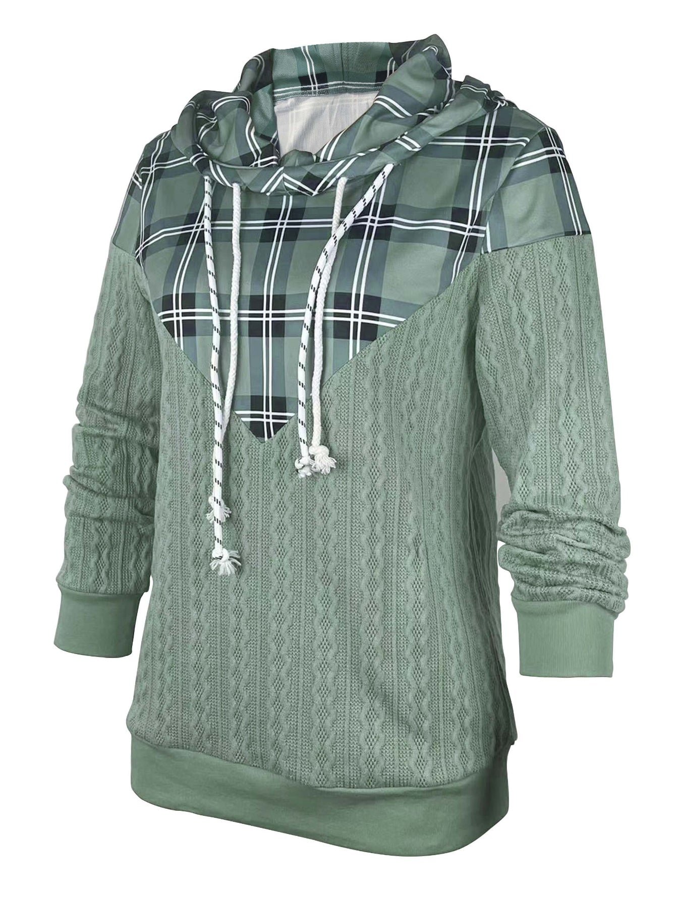 Plaid Print Paneled Drawstring Hoodie, Casual Long Sleeve Hooded Sweatshirt