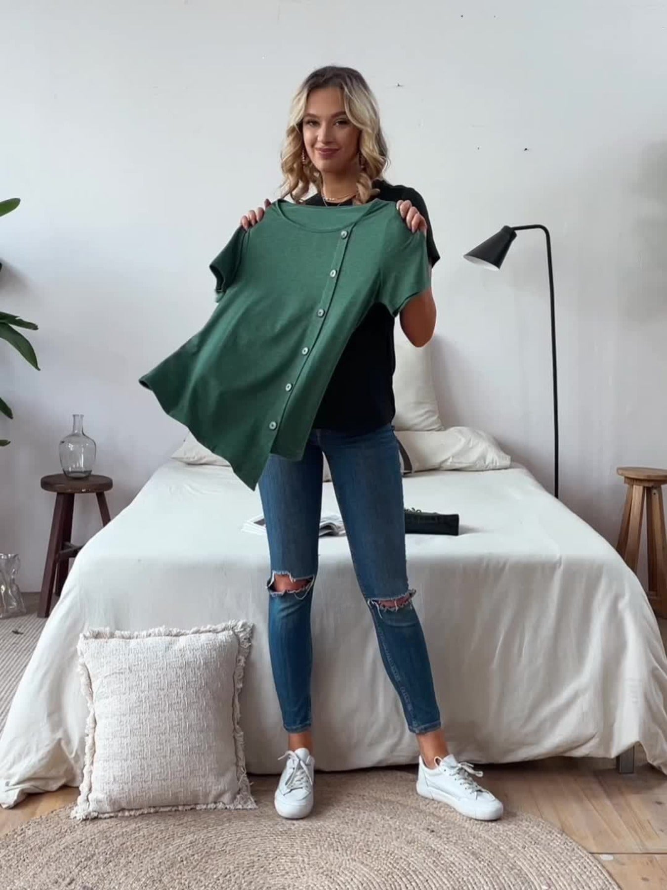 Button Decor Solid T-Shirt, Casual Crew Neck Short Sleeve Top