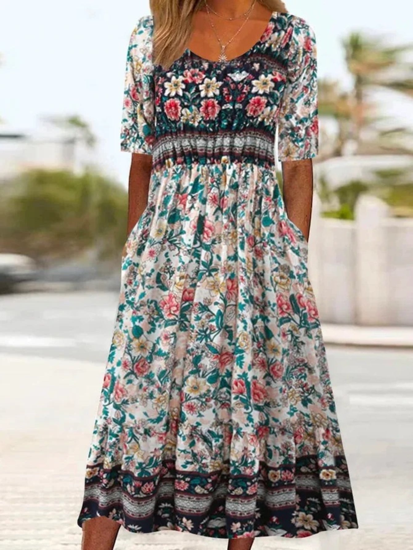 Floral Print Crew Neck Dress, Casual Short Sleeve Dress