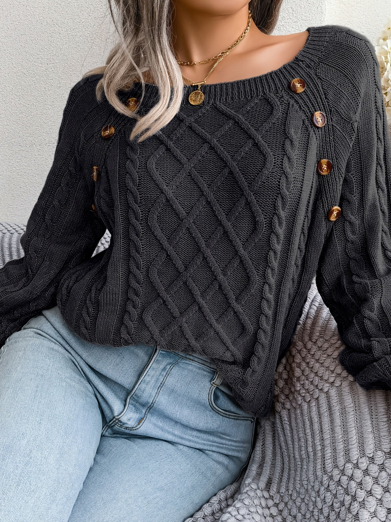Cozy Women's Sweater with Textured Button Lantern Sleeves