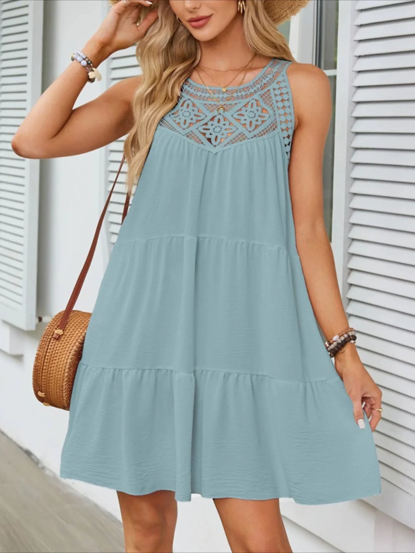 Women's Fashion Sexy Sleeveless Round Neck Hollow Solid Color Style Short dress