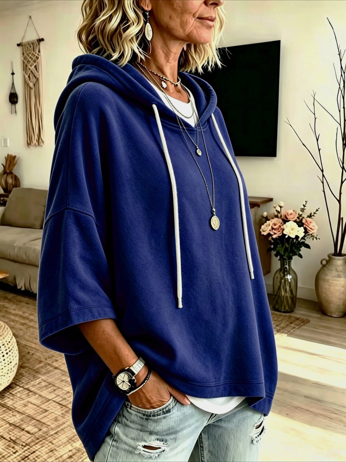 Seven-quarter Sleeves Solid Color Casual Hooded Sweatshirt