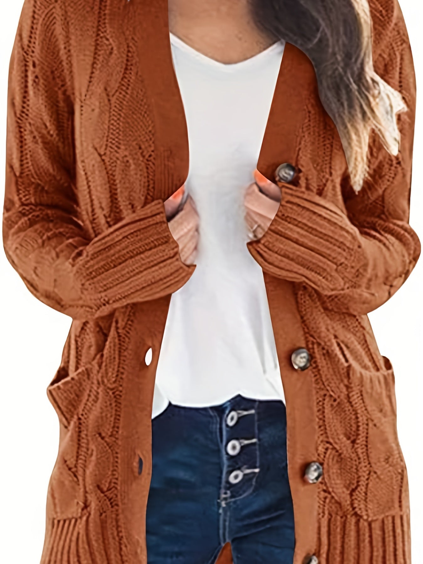 Cable Knit Button Front Cardigan, Casual Solid Long Sleeve Cardigan