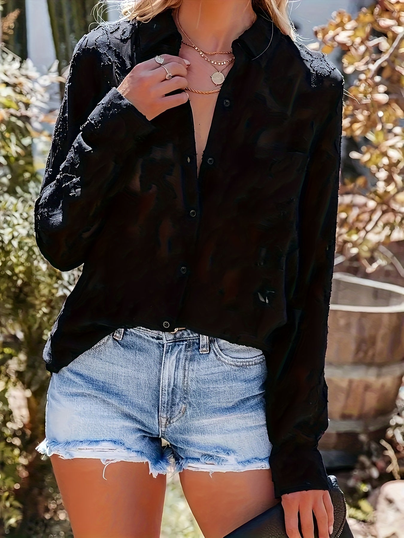 Jacquard Button Up Sheer Loose Blouse, Elegant Long Sleeve Blouse For Spring & Fall, Women's Clothing