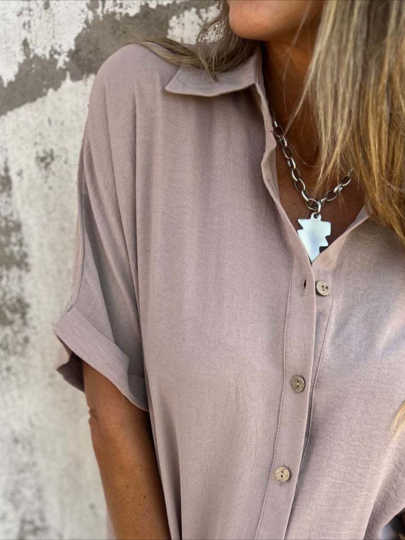 Casual Button Collared Short Sleeve Tunic Tops with Pocket