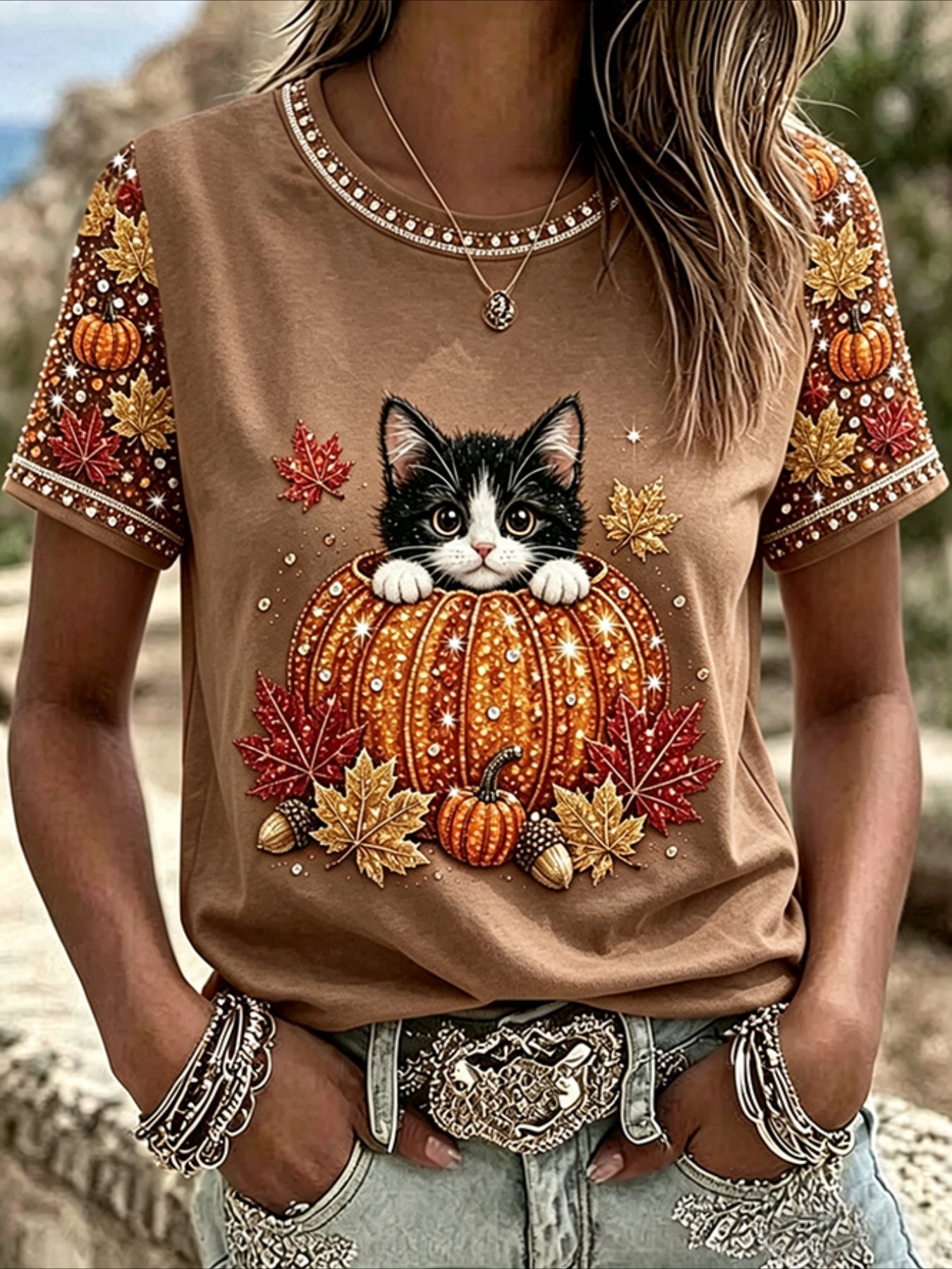 100% Cotton Casual Orange Maple Leaf Printing Crew Neck Short Sleeve T-shirt