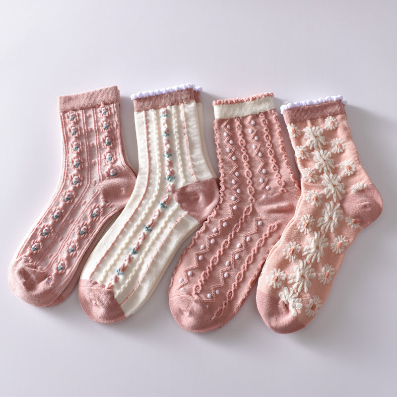 6 Pairs Flower Bubble Cable Crew Socks, Lightweight & Comfy Mid-tube Socks