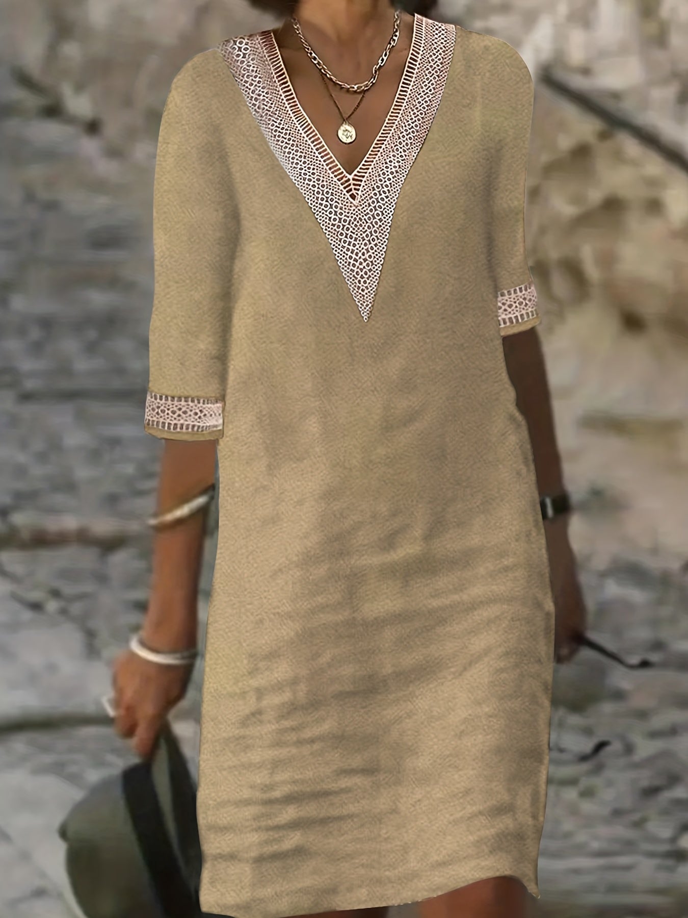 Guipure Lace V Neck Dress, Casual Short Sleeve Dress