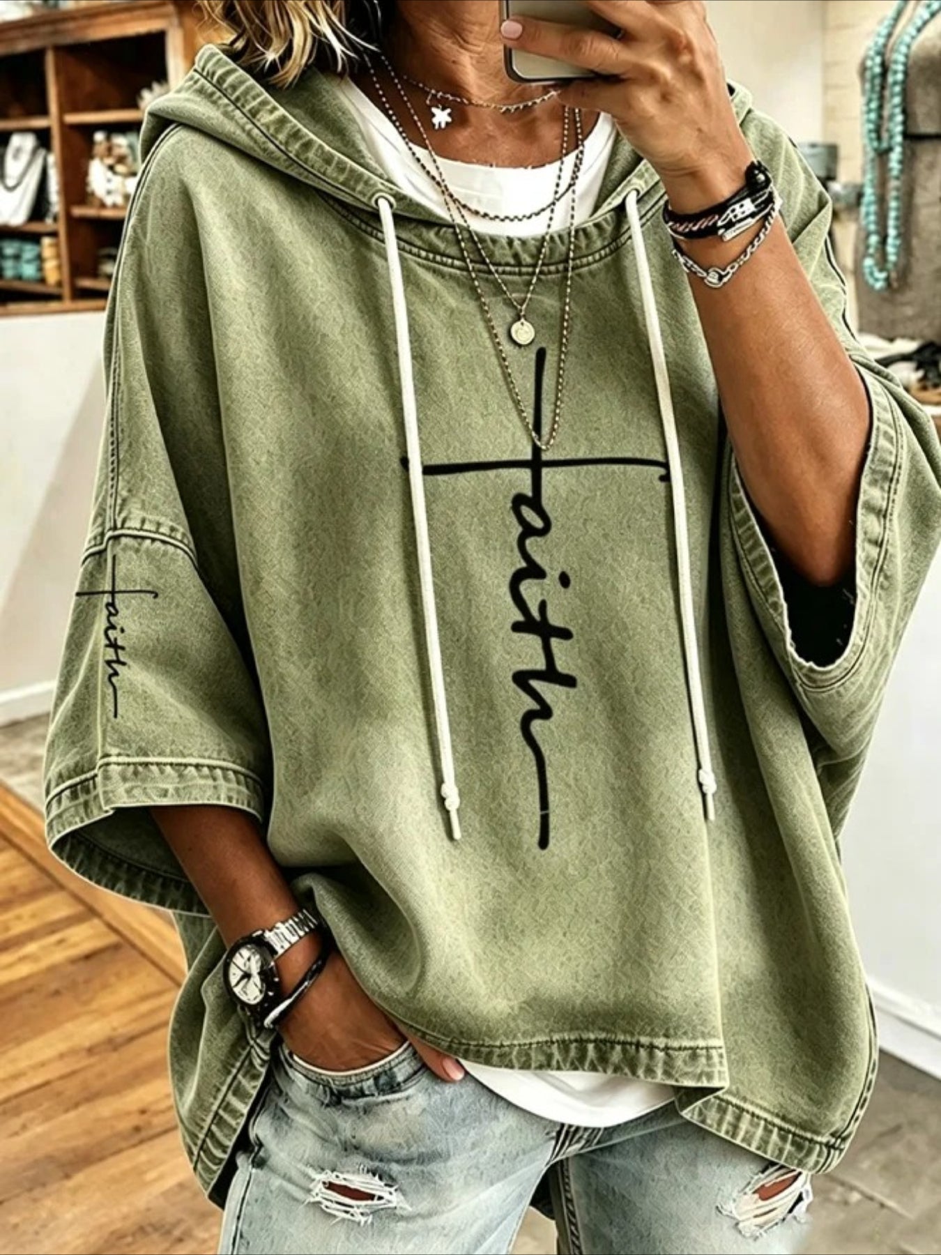 Casual Faith Cross Print Denim-Look Hoodie