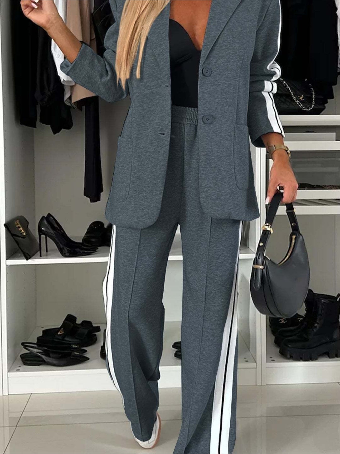Contrast Lapel Collar Top and Pants Set