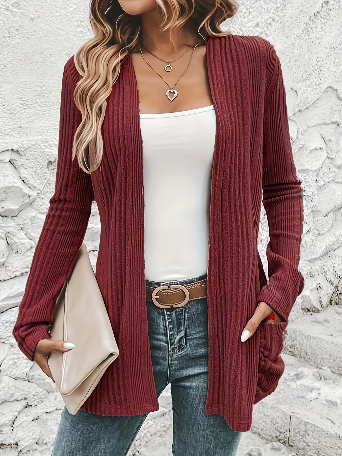 Solid Open Front Rib Knit Cardigan, Casual Long Sleeve Slim Cardigan With Pocket