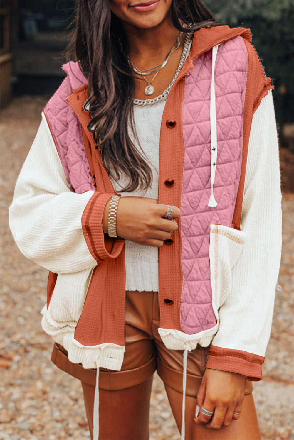 Coral Quilted Textured Patchwork Loose Fit Hooded Jacket