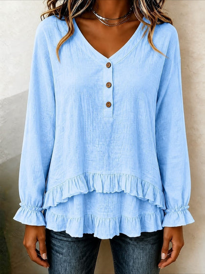V-Neck Button Detail Long Sleeve Ruffle Hem Blouse