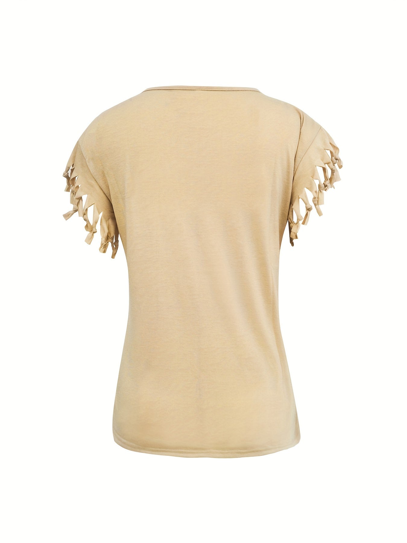 Fringe Hem Solid  T-Shirt, Crew Neck Short Sleeve T-Shirt