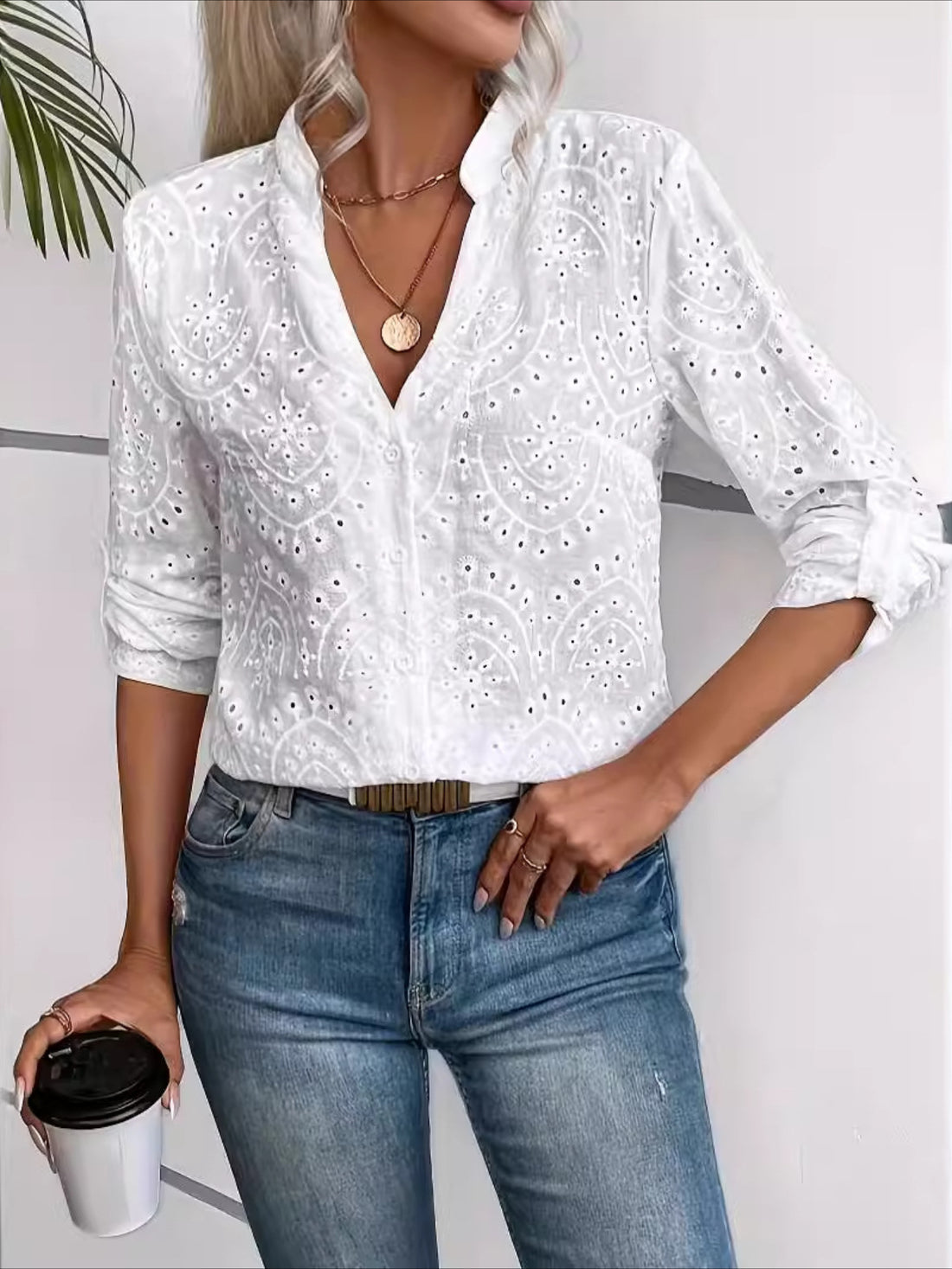 Eyelet Embroidery Notch Neck Blouse, Casual Long Sleeve Top