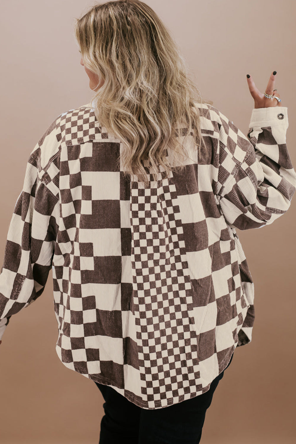 Brown Color Block Checkered Print Corduroy Plus Size Shacket