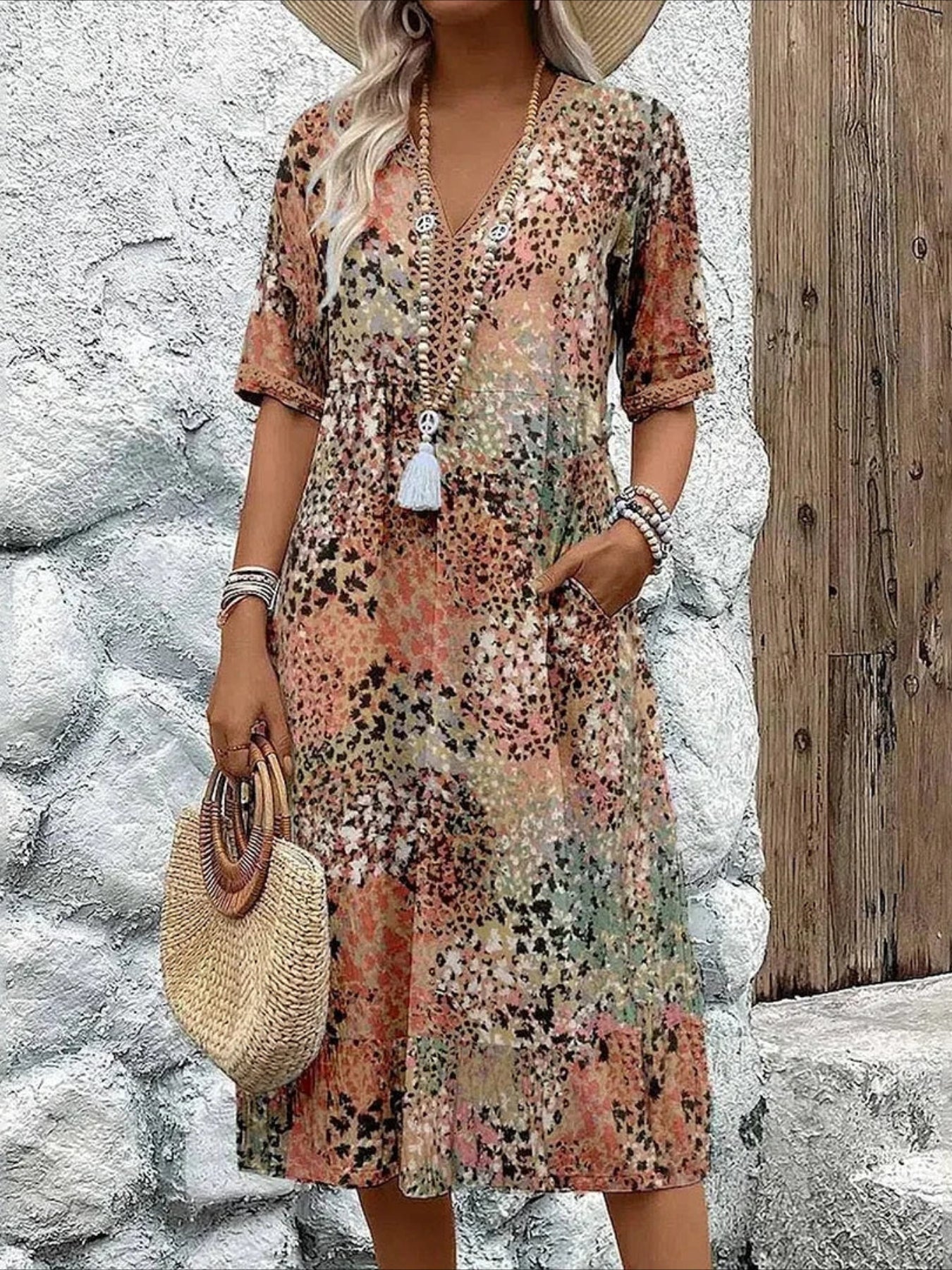 V Neck Short Sleeves Print Casual Midi Dress