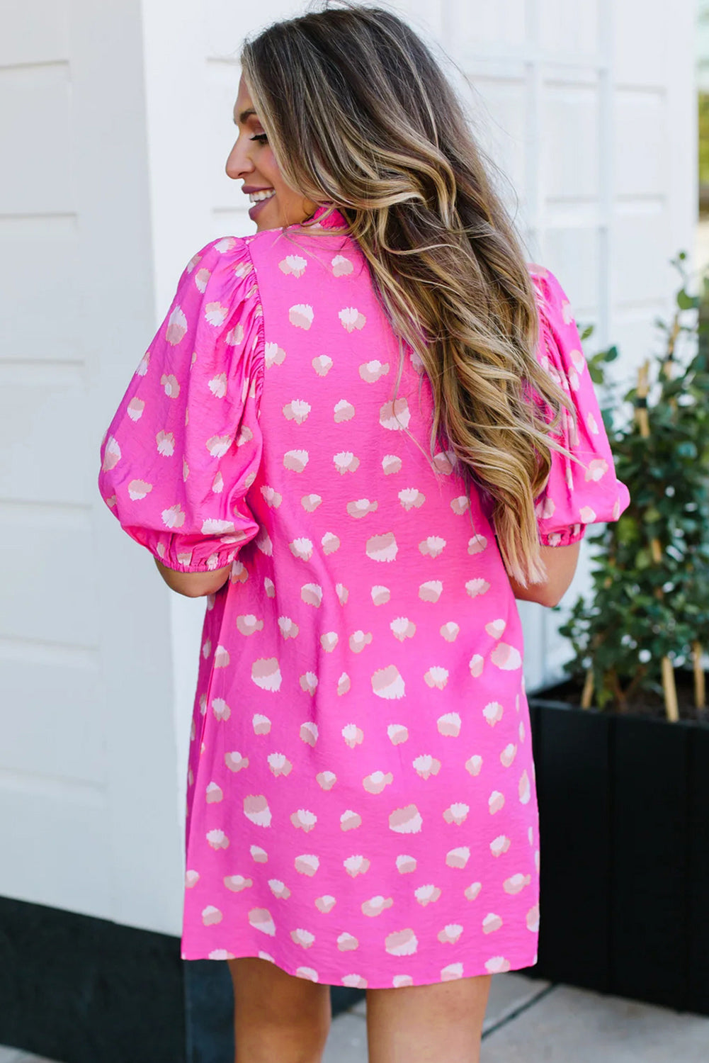 Bright Pink Printed Shirred Yoke Half Puff Sleeve Dress