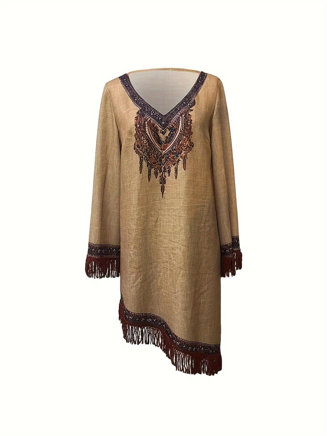Elegant V-Neck Floral Pattern Fringe Detail and Long Sleeves Dress