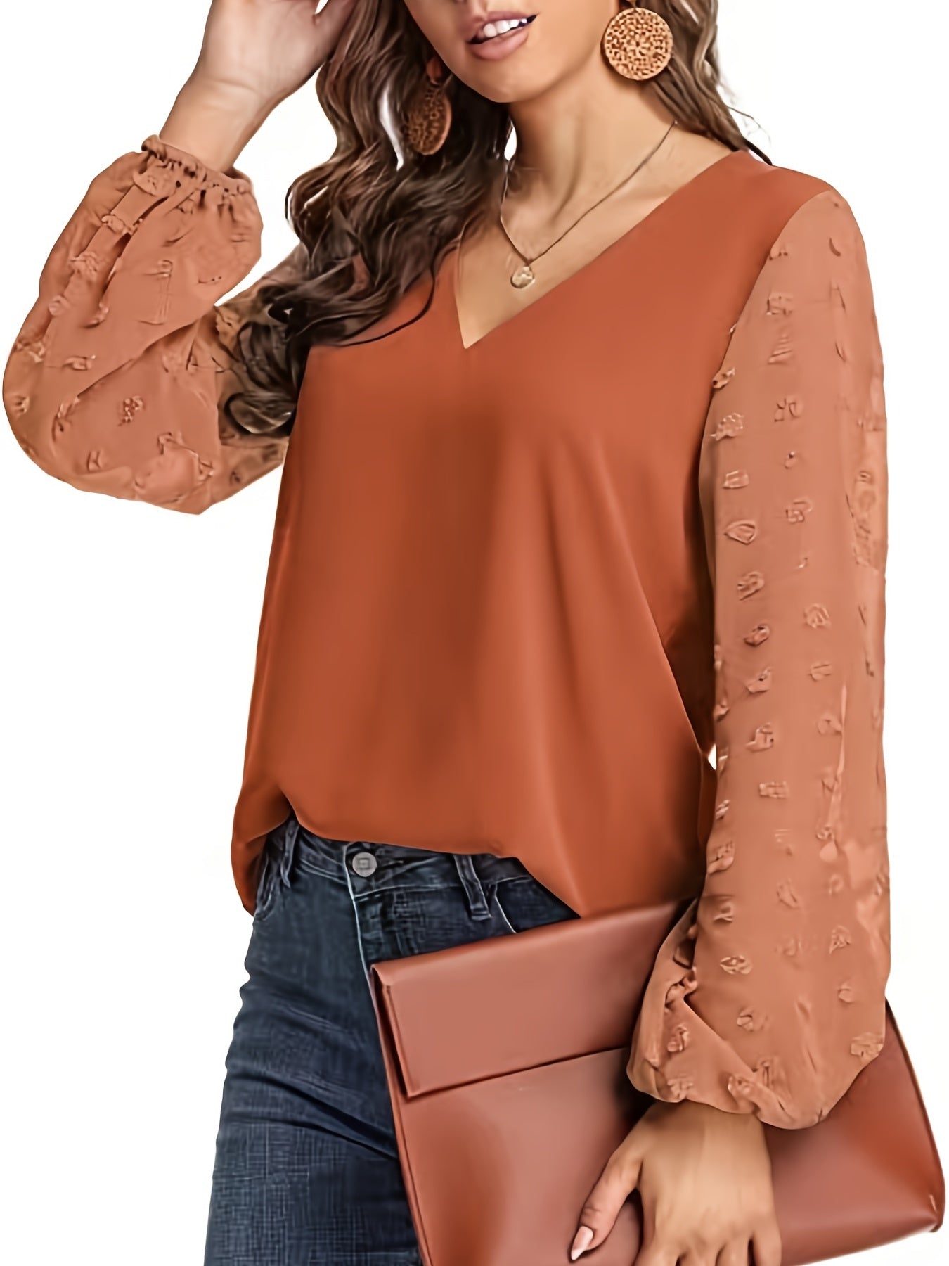 Swiss Dot Sleeve Shirt, Casual V Neck Solid Shirt