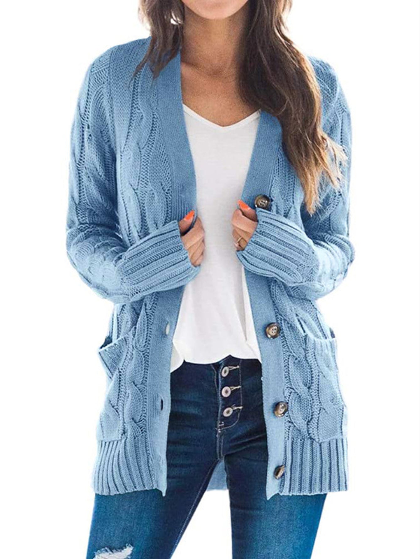Cable Knit Button Front Cardigan, Casual Solid Long Sleeve Cardigan