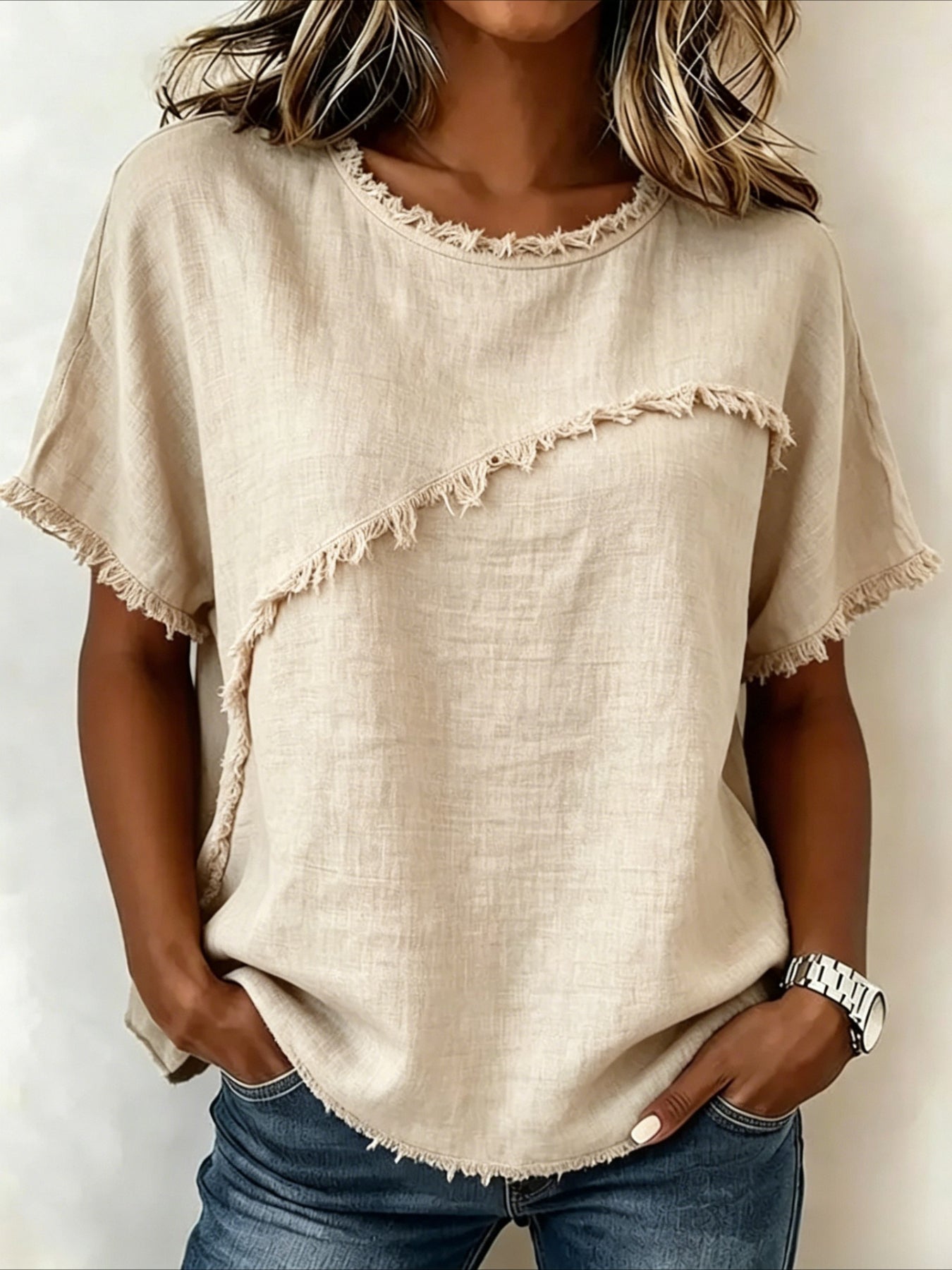 Round Neck Casual Fringed Panel Loose Short Sleeve Top