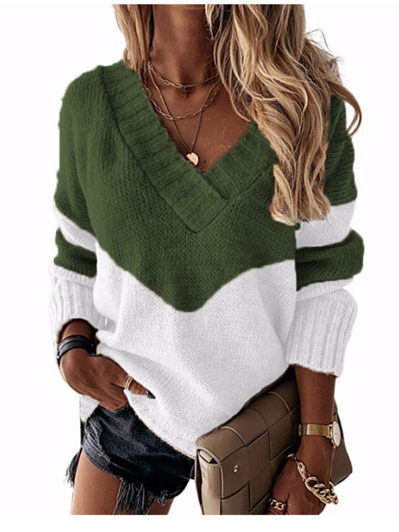 Color Block Simple Knit Sweater, Casual V Neck Long Sleeve Sweater