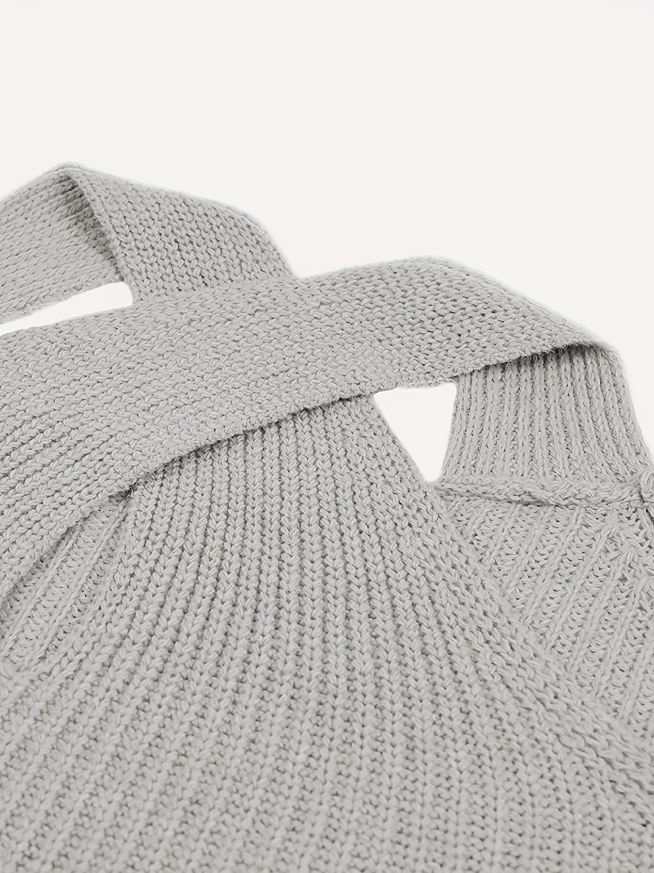 Criss Cross Neck Knitted Sweater, Elegant Cold Shoulder Long Sleeve Sweater