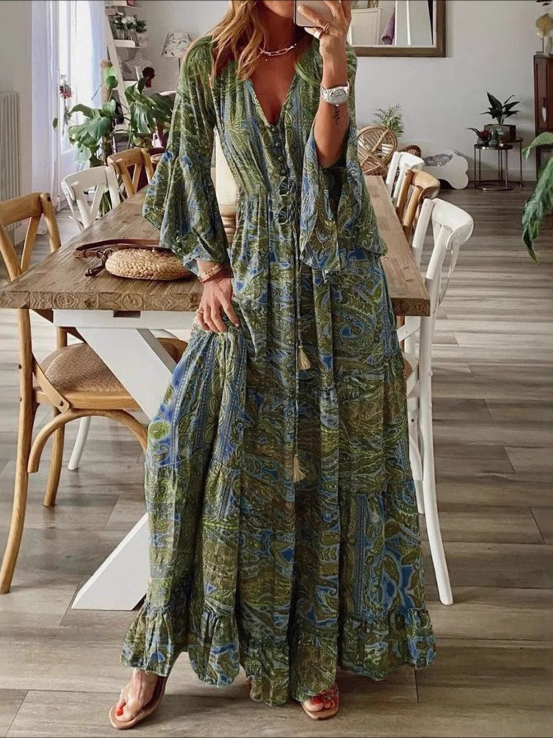 Vintage Casual Daily Regular Fit Floral Long Sleeve V Neck Maxi Dress