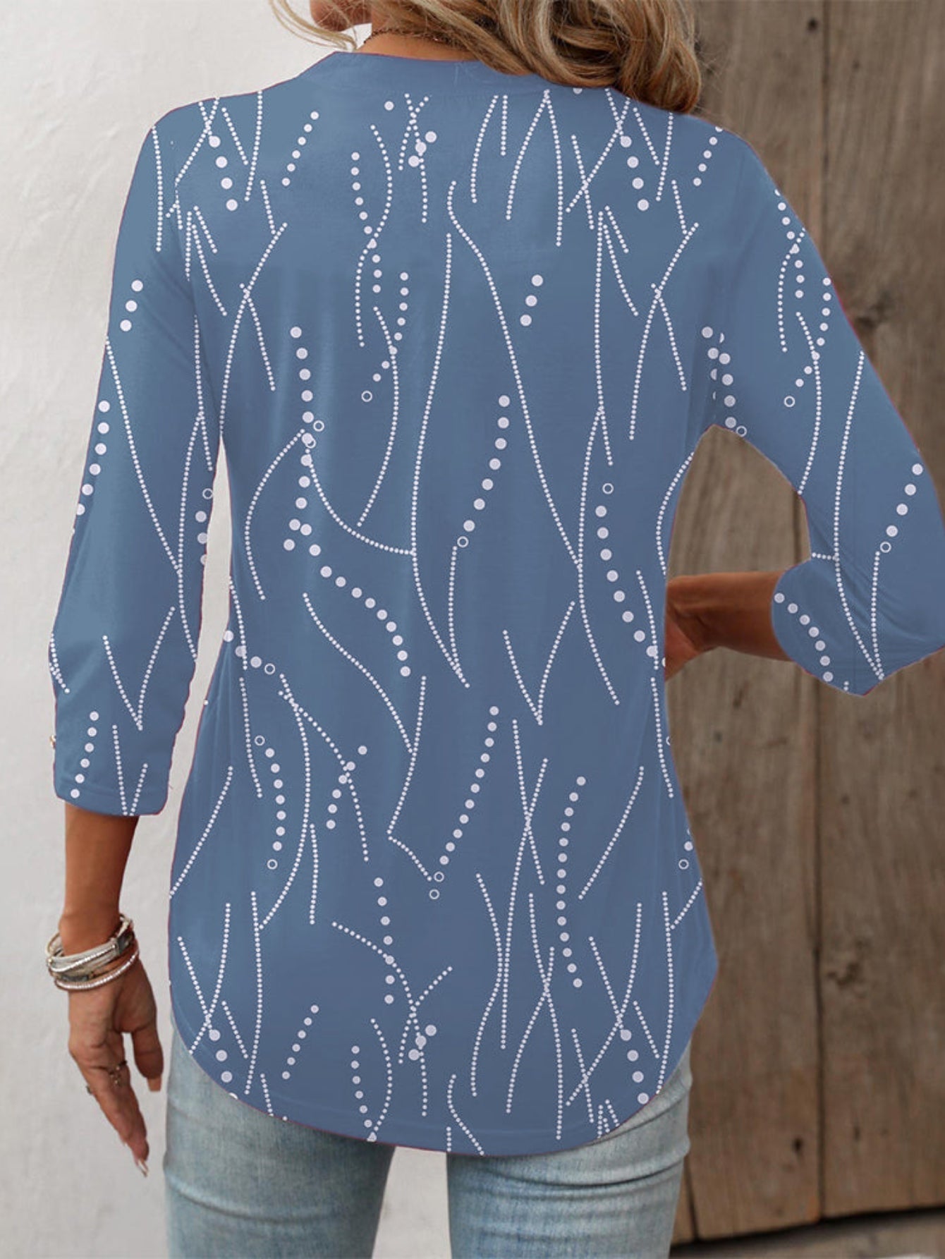 Button Print and V-neck 3/4 Sleeve Elegant Top