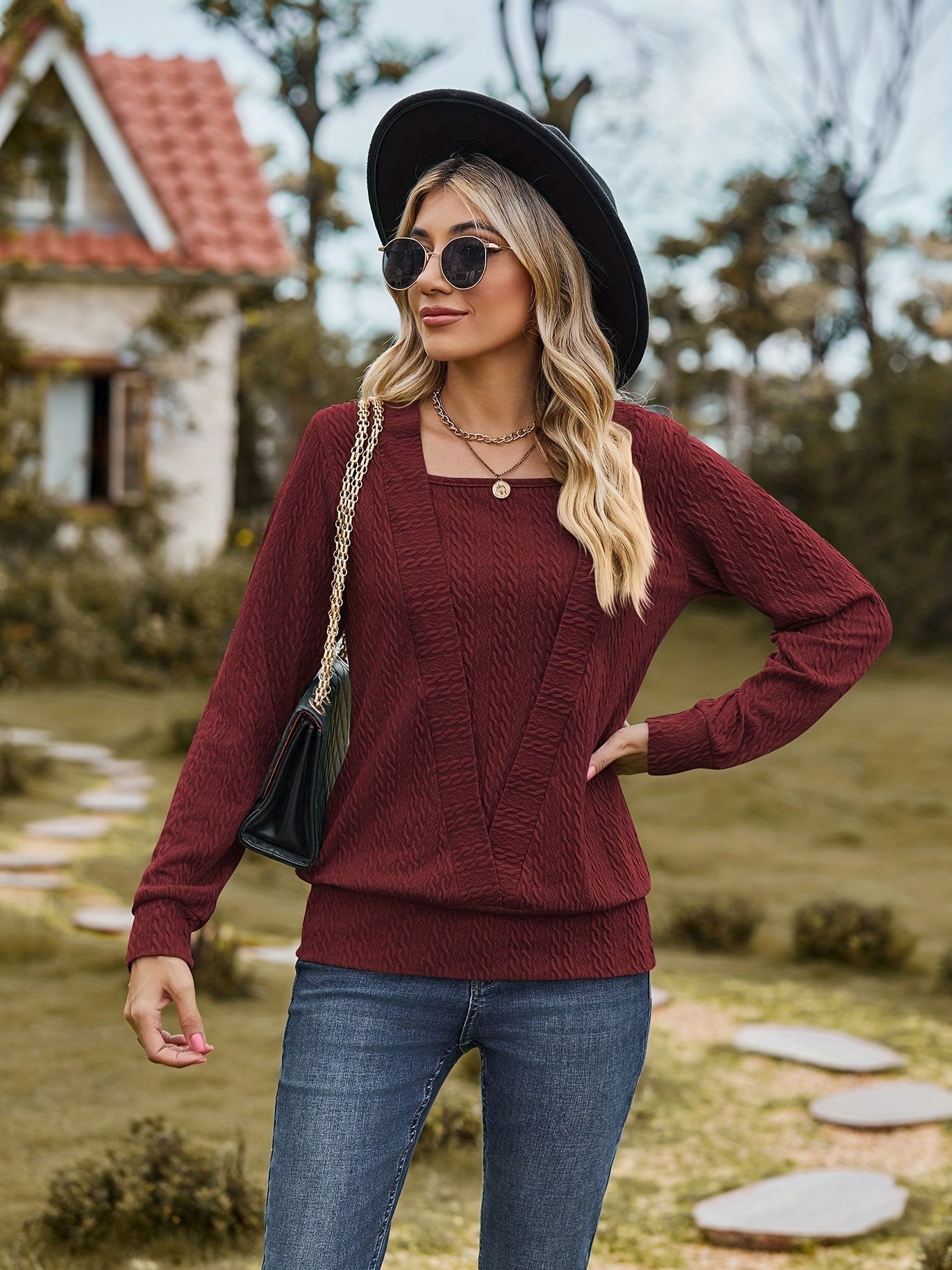 Women's Solid Cable Faux Twinset Long Sleeve Square Neck Slight Stretch T-shirt