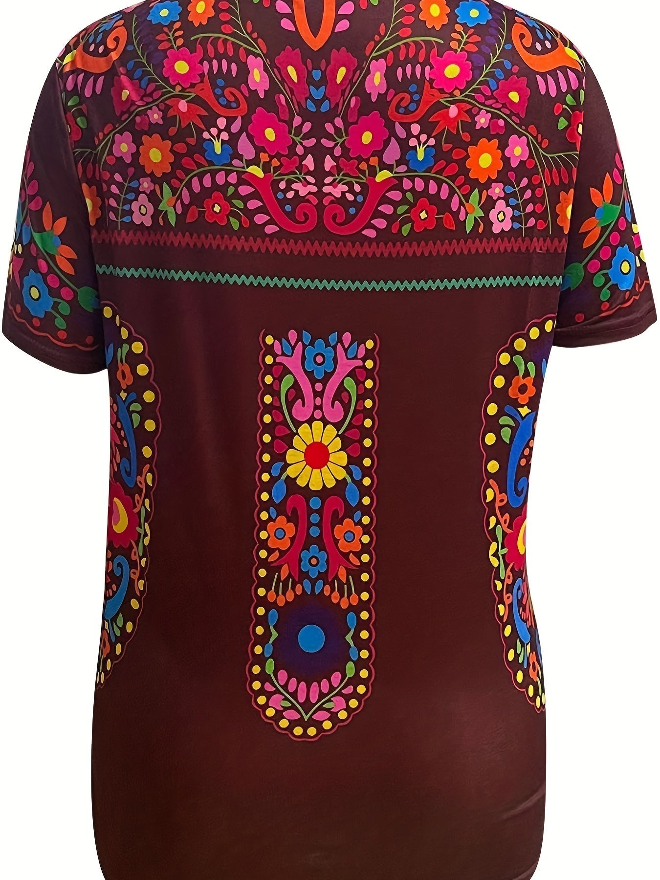 Floral Print Ethnic T-shirt, Boho Crew Neck Short Sleeve Summer T-shirt