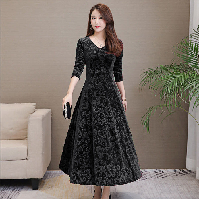 Solid Color Long Sleeve Dress, Elegant V Neck Flared Dress