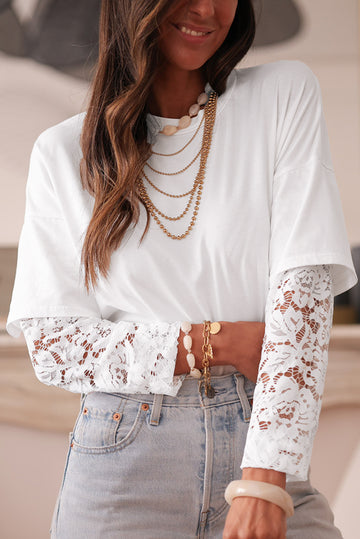 White Lace Long Sleeve Insert Drop Shoulder Tee