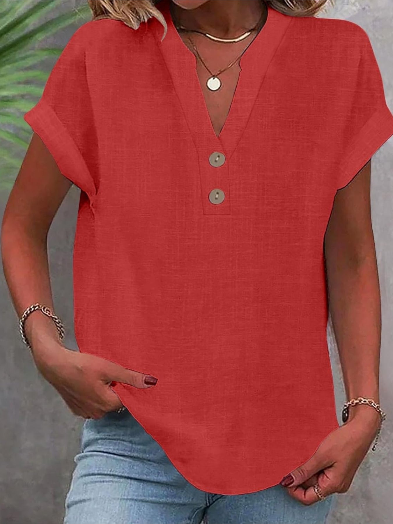 Solid Color V Neck Short Sleeve Button Down T Shirts
